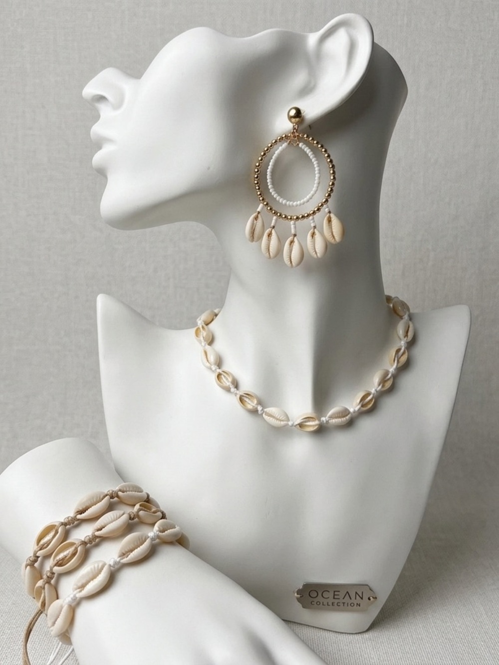 Sean Collection Beige and Gold Cowrie Shell Hoop Earrings